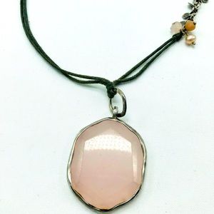 Bohemian Style Vintage Silpada Rose Quartz Pendant Necklace on Gray Cord.